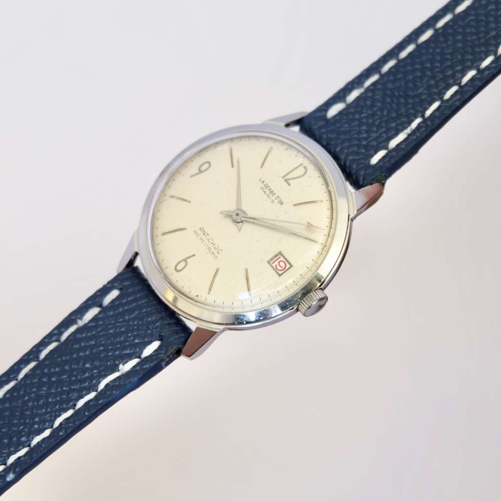 Montre française mécanique acier bracelet cuir bleu Montre française mécanique acier bracelet cuir bleu