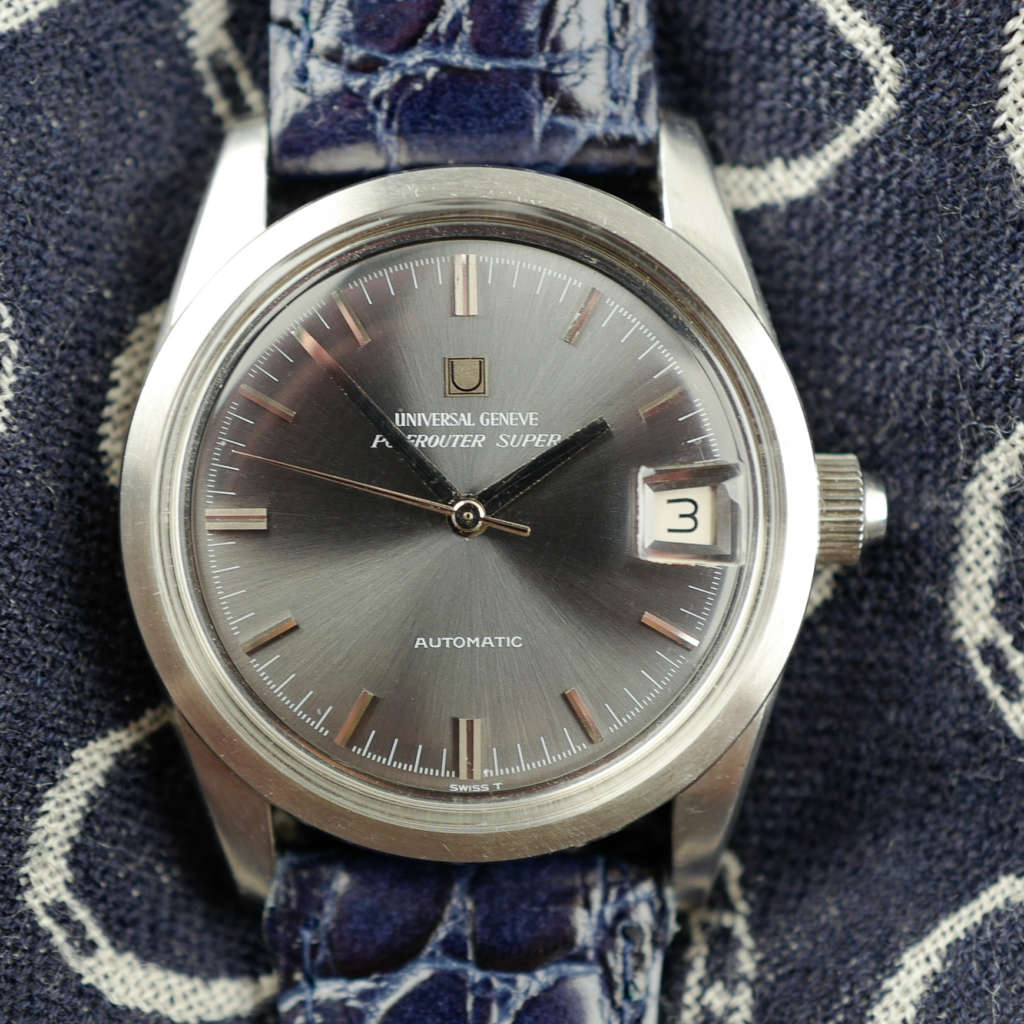 cafe noir montres horloger marseille universal geneve Polerouter Super microrotor neuve de stock cadran gris_1