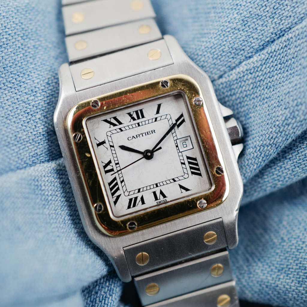 cafe noir montres vintage horloger marseille cartier santos 2961 or acier cadran blanc bracelet or et acier_1