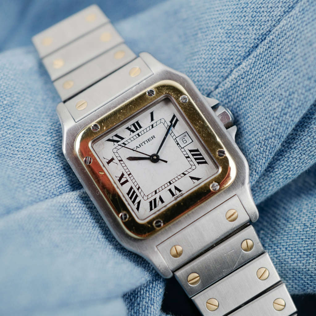 cafe noir montres vintage horloger marseille cartier santos 2961 or acier cadran blanc bracelet or et acier_1