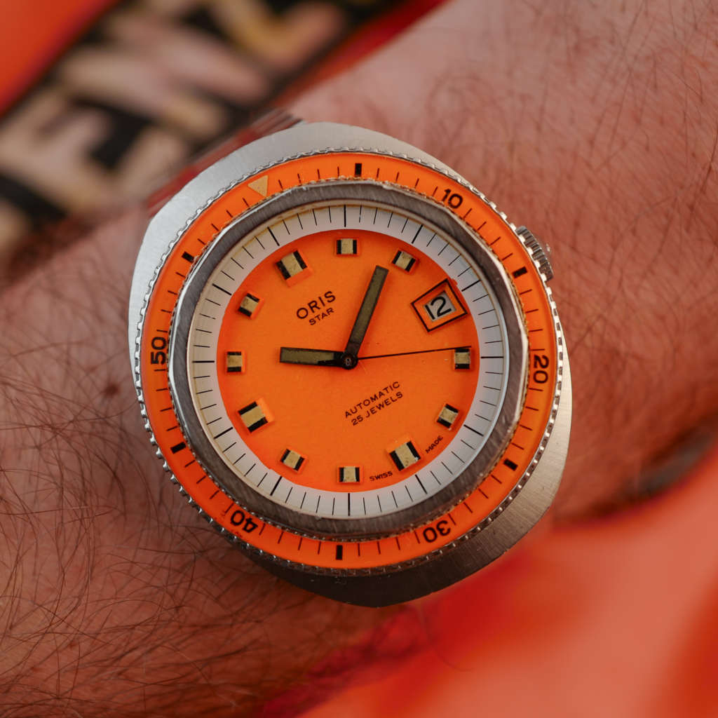 cafe noir les montres oris star montre rare de plongée années 1970 orange vif bakelite verre saphir 60 atmos squale_1