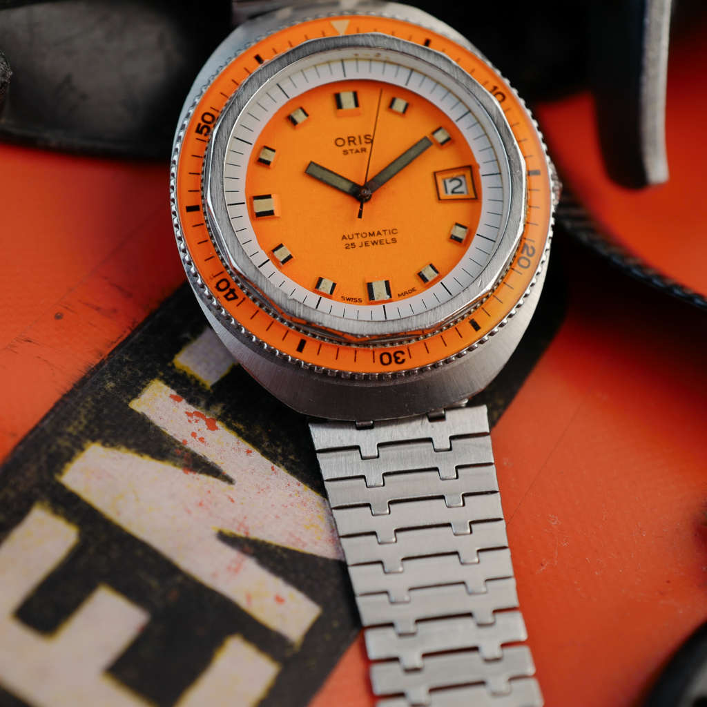 cafe noir les montres oris star montre rare de plongée années 1970 orange vif bakelite verre saphir 60 atmos squale_1