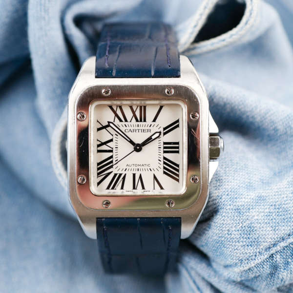 cafe noir les montres horloger marseille cartier santos 100 cuir bleu référence 2878_3