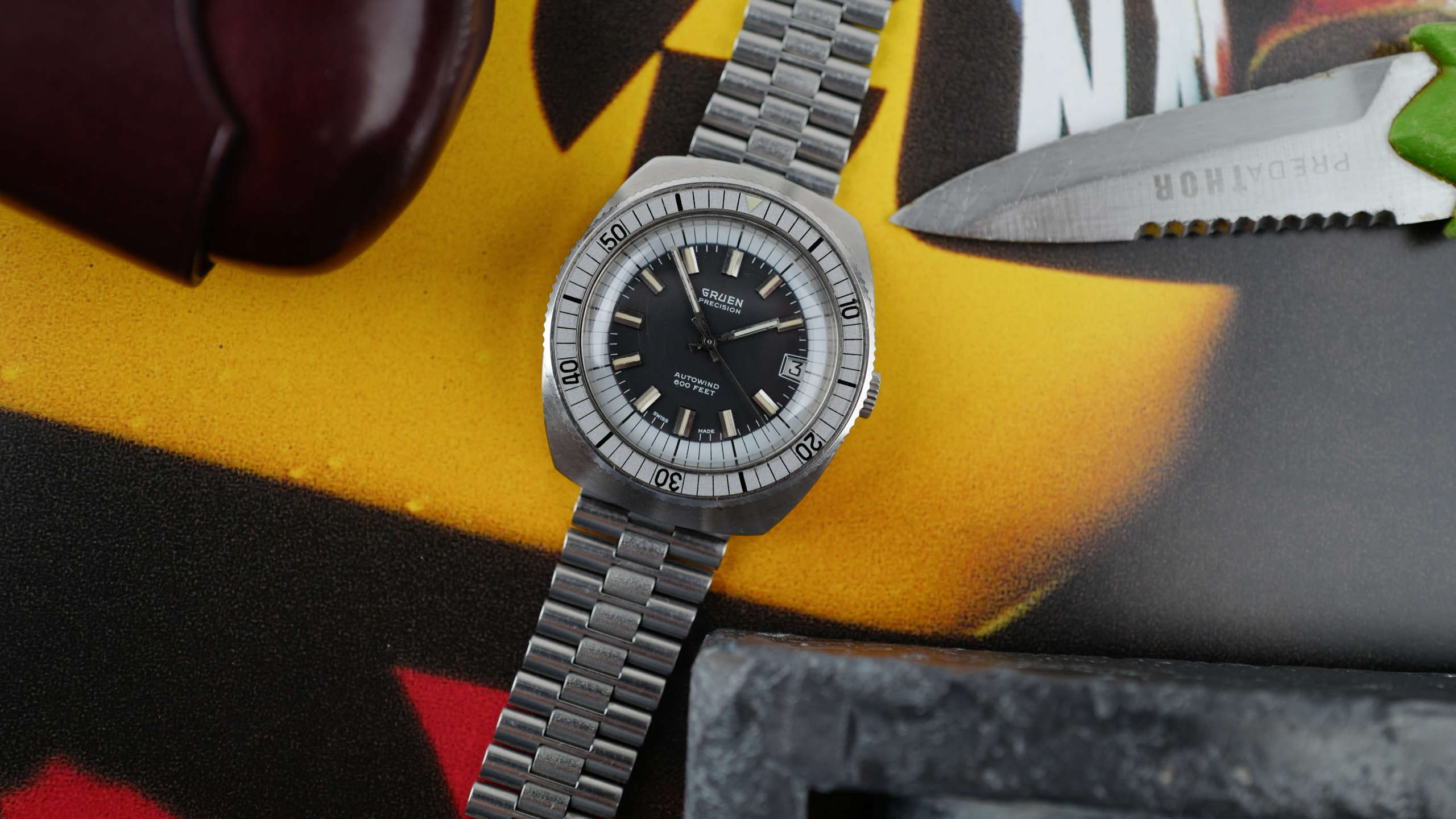 cafe noir les montres horloger marseille gruen autowind cadran gris plongeuse vintage