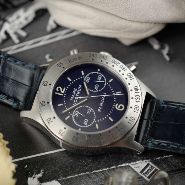 cafe noir les montres vintage marseille horloger panerai mare nostrum chronographe cadran bleu mat edition limitee 1000 PAM00716 de 2017 full set boite papier