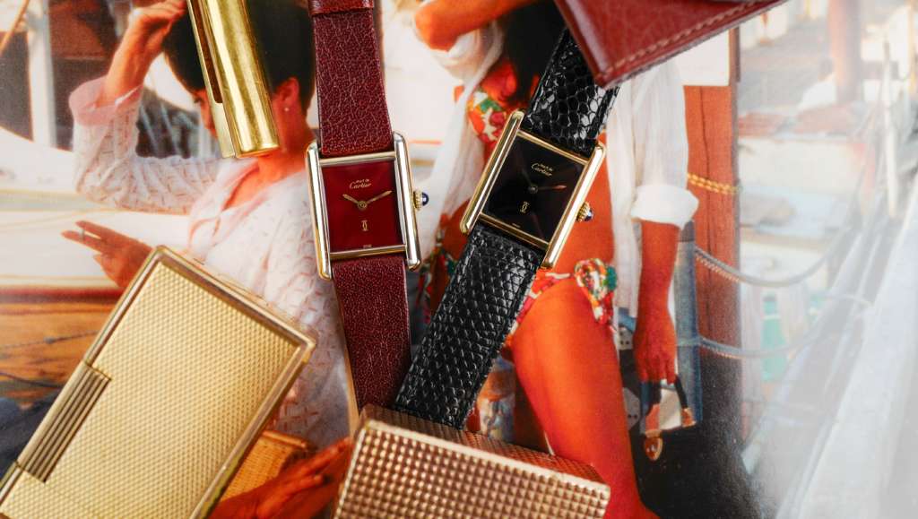 cafe noir les montres vintage horloger marseille montres cartier tank must mecanique manuelle vintage PM petit modele taille femme cadran burgundy bordeaux rouge laqué vintage