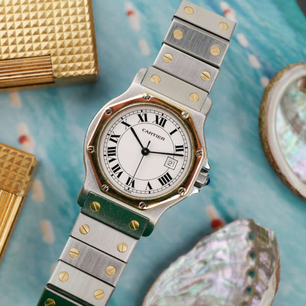 cafe noir montres horloger marseille boite papiers service full set Cartier Santos octogonale GM or et acier réf 2966 vintage 1990