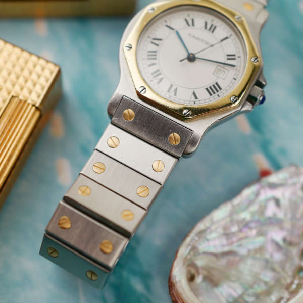 cafe noir montres horloger marseille boite papiers service full set Cartier Santos octogonale GM or et acier réf 2966 vintage 1990