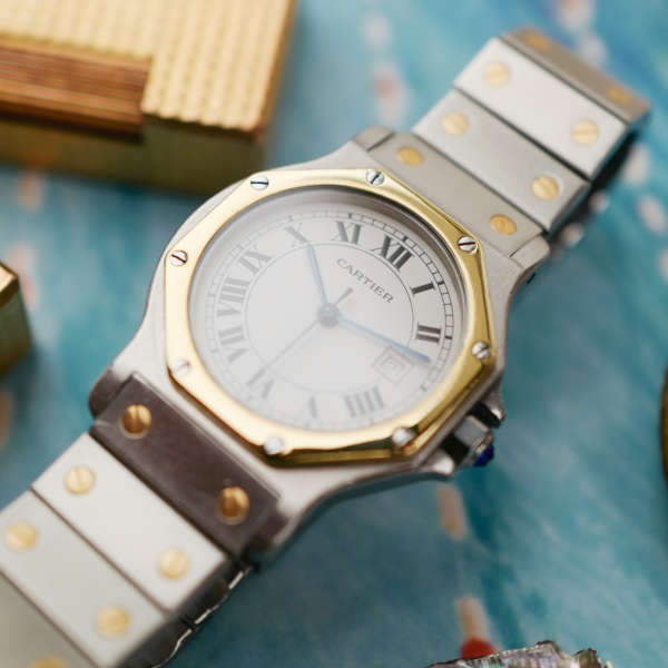 cafe noir montres horloger marseille boite papiers service full set Cartier Santos octogonale GM or et acier réf 2966 vintage 1990