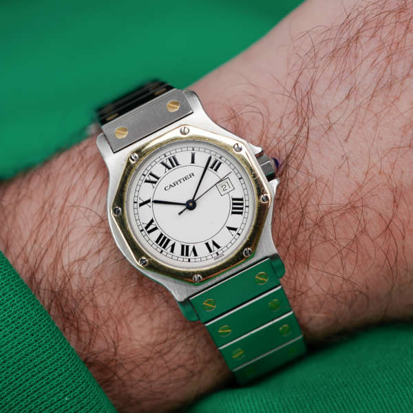 cafe noir montres horloger marseille boite papiers service full set Cartier Santos octogonale GM or et acier réf 2966 vintage 1990