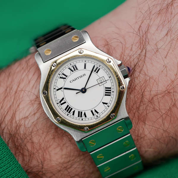 cafe noir montres horloger marseille boite papiers service full set Cartier Santos octogonale GM or et acier réf 2966 vintage 1990