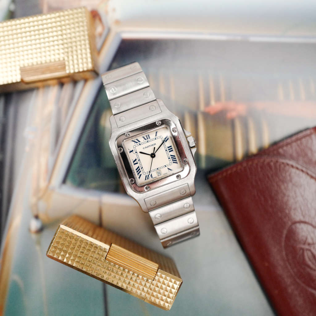 cafe noir les montres horloger marseille cartier santos galbée quartz acier grand modele pour homme vintage 1980