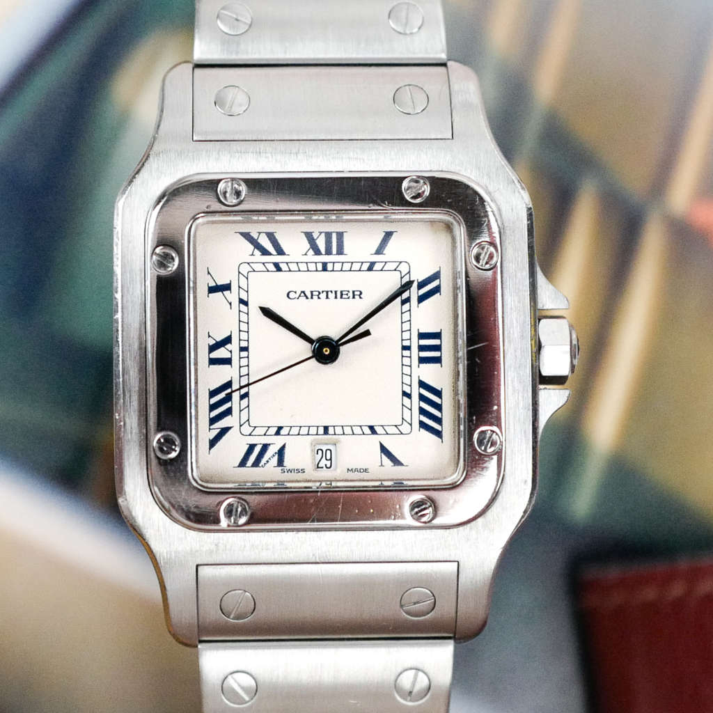 cafe noir les montres horloger marseille cartier santos galbée quartz acier grand modele pour homme vintage 1980