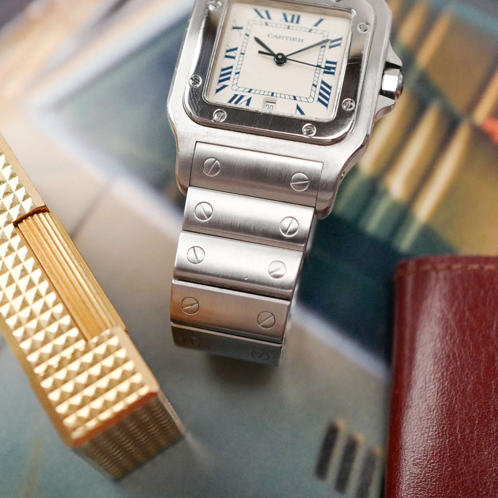 cafe noir les montres horloger marseille cartier santos galbée quartz acier grand modele pour homme vintage 1980