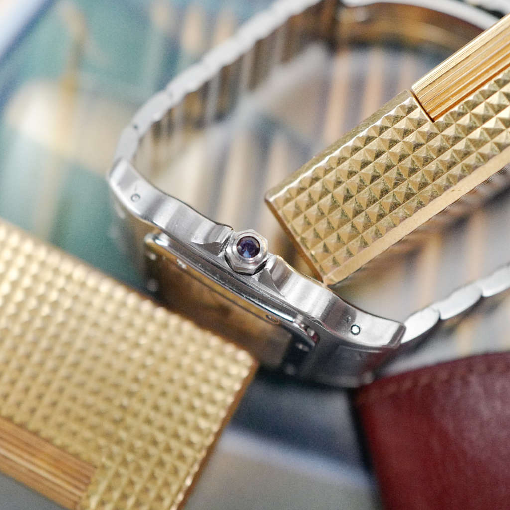 cafe noir les montres horloger marseille cartier santos galbée quartz acier grand modele pour homme vintage 1980