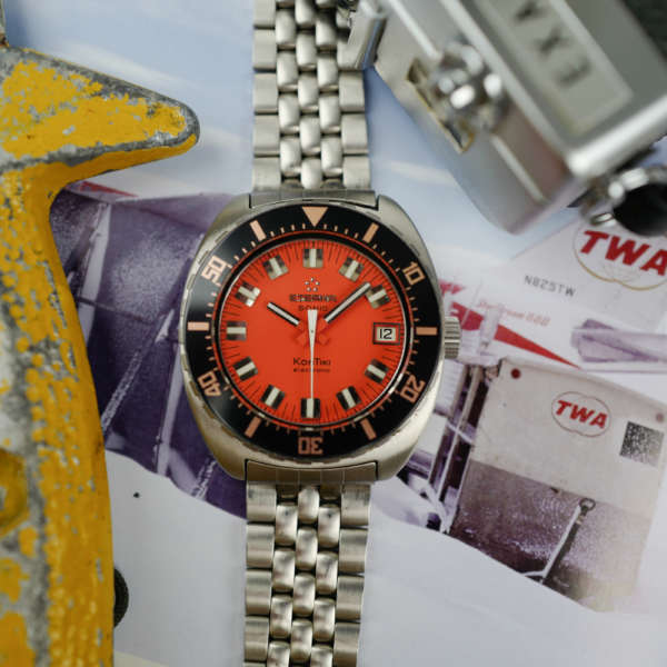 cafe noir les montres vintage horlogerie marseille aix cafe noir montres vintage marseille eterna sonic kontiki mouvement tunning fork ETERNA 1550 full set stickers orange dial gay freres strap