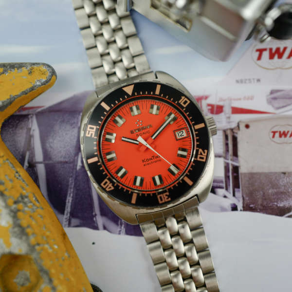 cafe noir les montres vintage horlogerie marseille aix cafe noir montres vintage marseille eterna sonic kontiki mouvement tunning fork ETERNA 1550 full set stickers orange dial gay freres strap