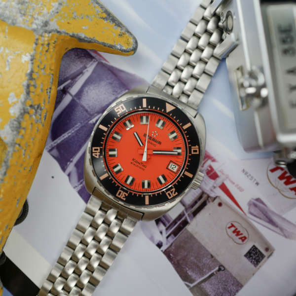 cafe noir les montres vintage horlogerie marseille aix cafe noir montres vintage marseille eterna sonic kontiki mouvement tunning fork ETERNA 1550 full set stickers orange dial gay freres strap