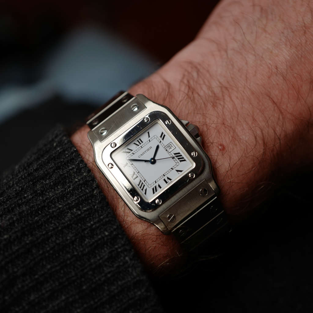 cafe noir les montres horloger marseille cartier santos acier automatique 2960 cadran blanc grand modèle automatique full set papiers boite 1980