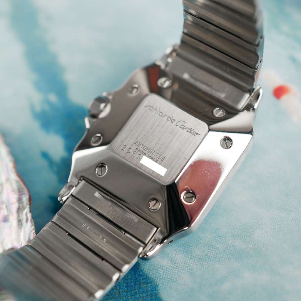 cafe noir les montres horloger marseille cartier santos acier automatique 2960 cadran blanc grand modèle automatique full set papiers boite 1980