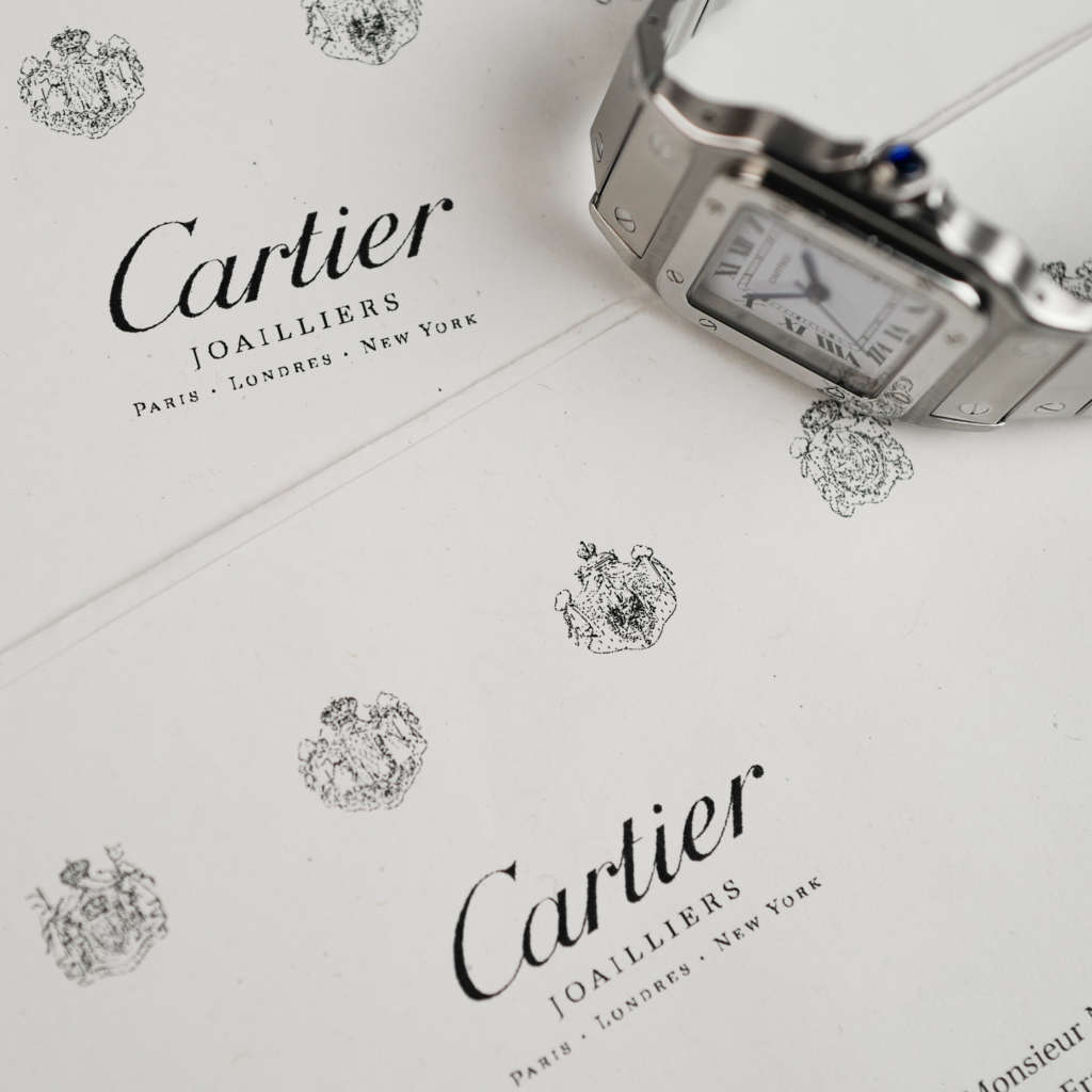 cafe noir les montres horloger marseille cartier santos acier automatique 2960 cadran blanc grand modèle automatique full set papiers boite 1980