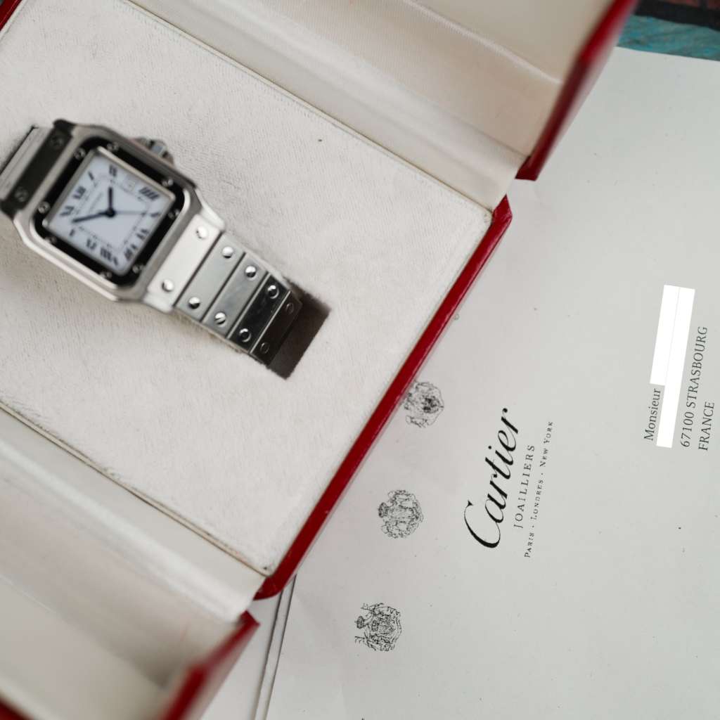 cafe noir les montres horloger marseille cartier santos acier automatique 2960 cadran blanc grand modèle automatique full set papiers boite 1980