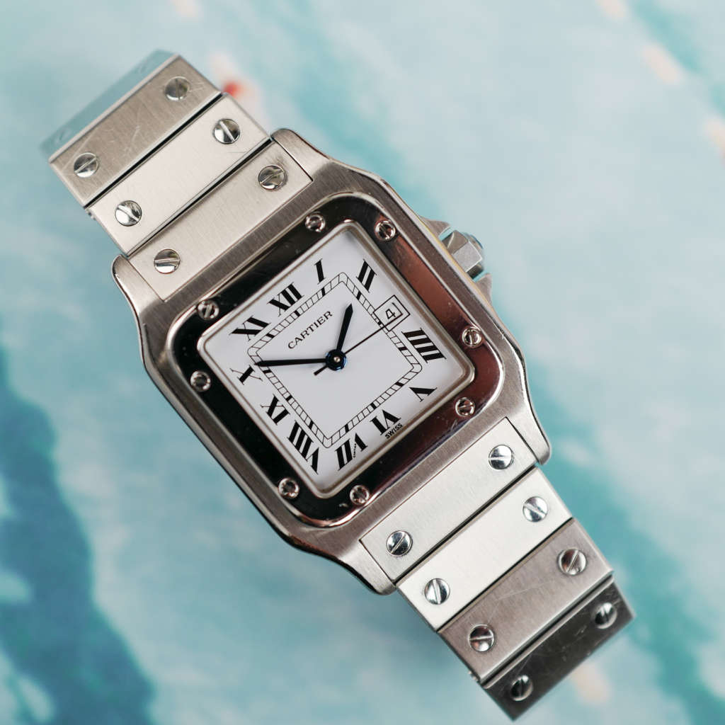 cafe noir les montres horloger marseille cartier santos acier automatique 2960 cadran blanc grand modèle automatique full set papiers boite 1980