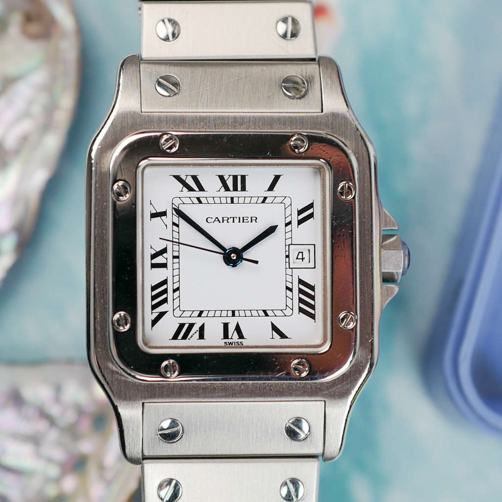 cafe noir les montres horloger marseille cartier santos acier automatique 2960 cadran blanc grand modèle automatique full set papiers boite 1980