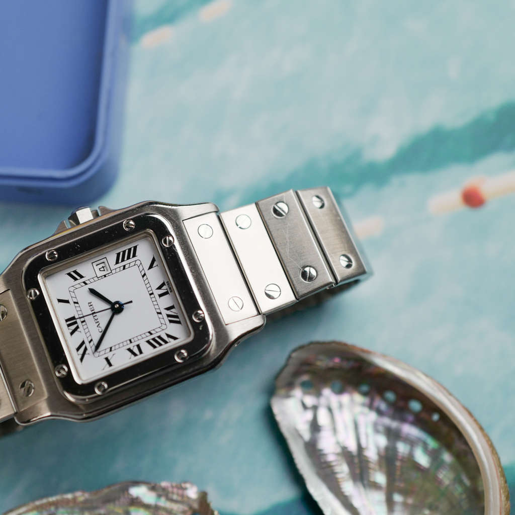 cafe noir les montres horloger marseille cartier santos acier automatique 2960 cadran blanc grand modèle automatique full set papiers boite 1980