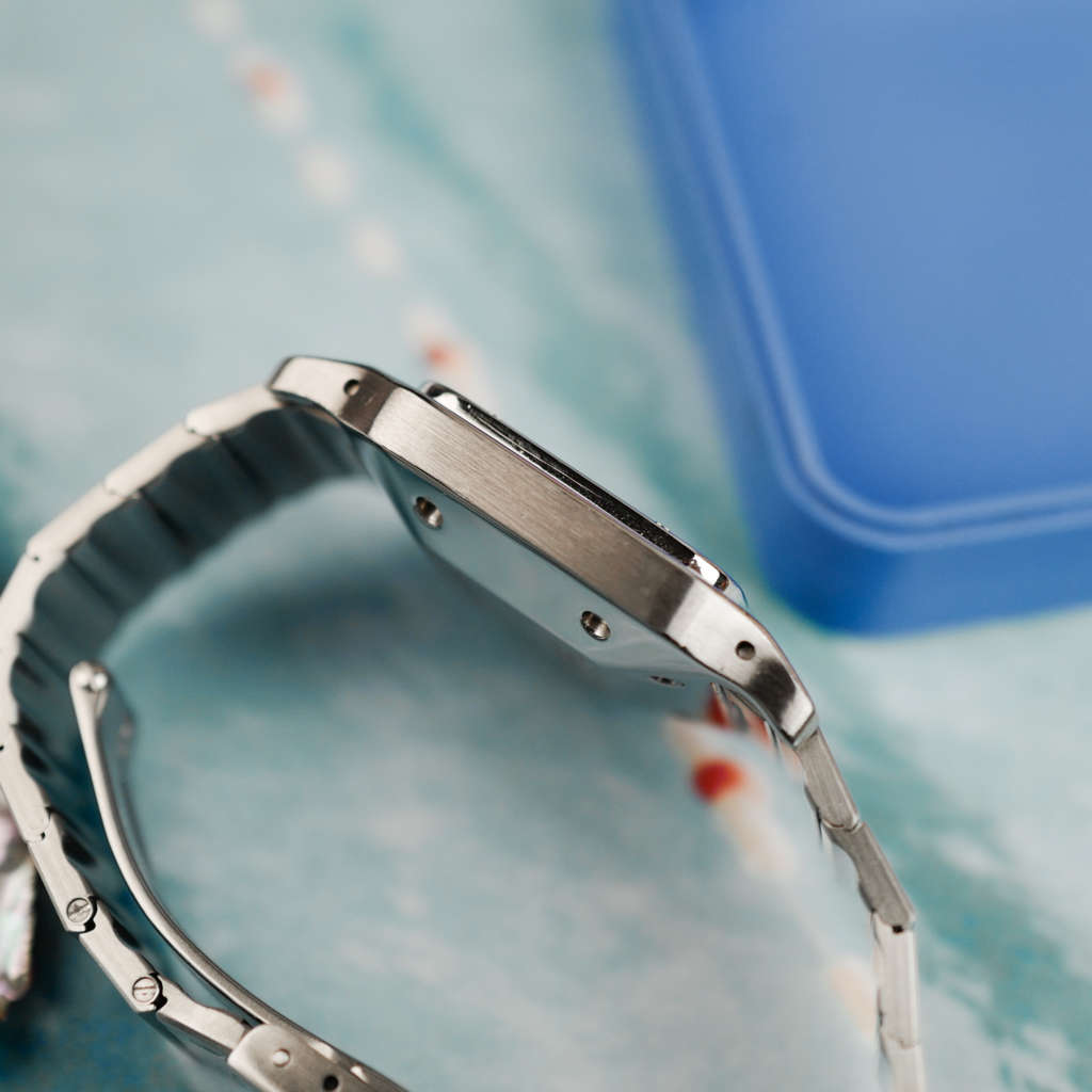 cafe noir les montres horloger marseille cartier santos acier automatique 2960 cadran blanc grand modèle automatique full set papiers boite 1980