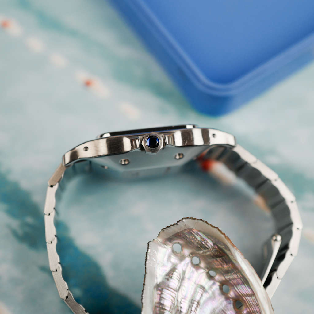 cafe noir les montres horloger marseille cartier santos acier automatique 2960 cadran blanc grand modèle automatique full set papiers boite 1980