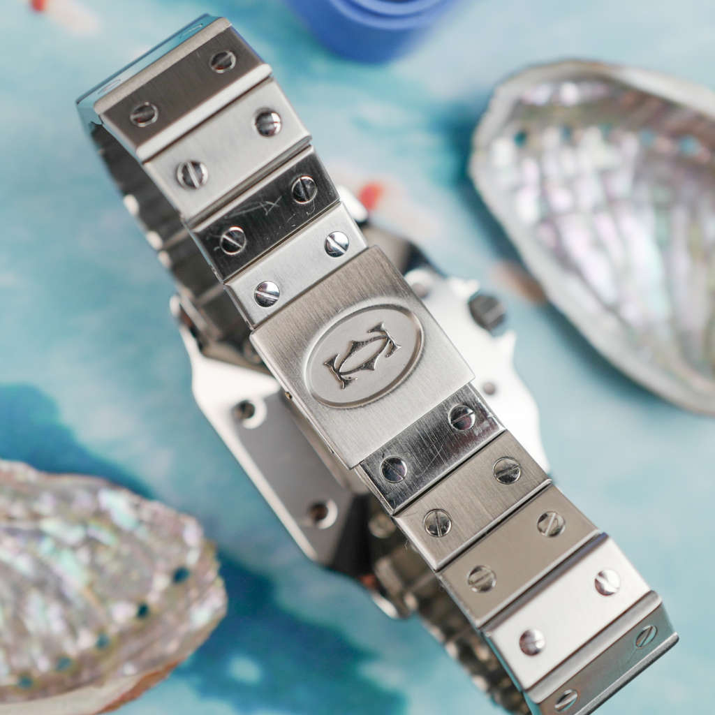 cafe noir les montres horloger marseille cartier santos acier automatique 2960 cadran blanc grand modèle automatique full set papiers boite 1980