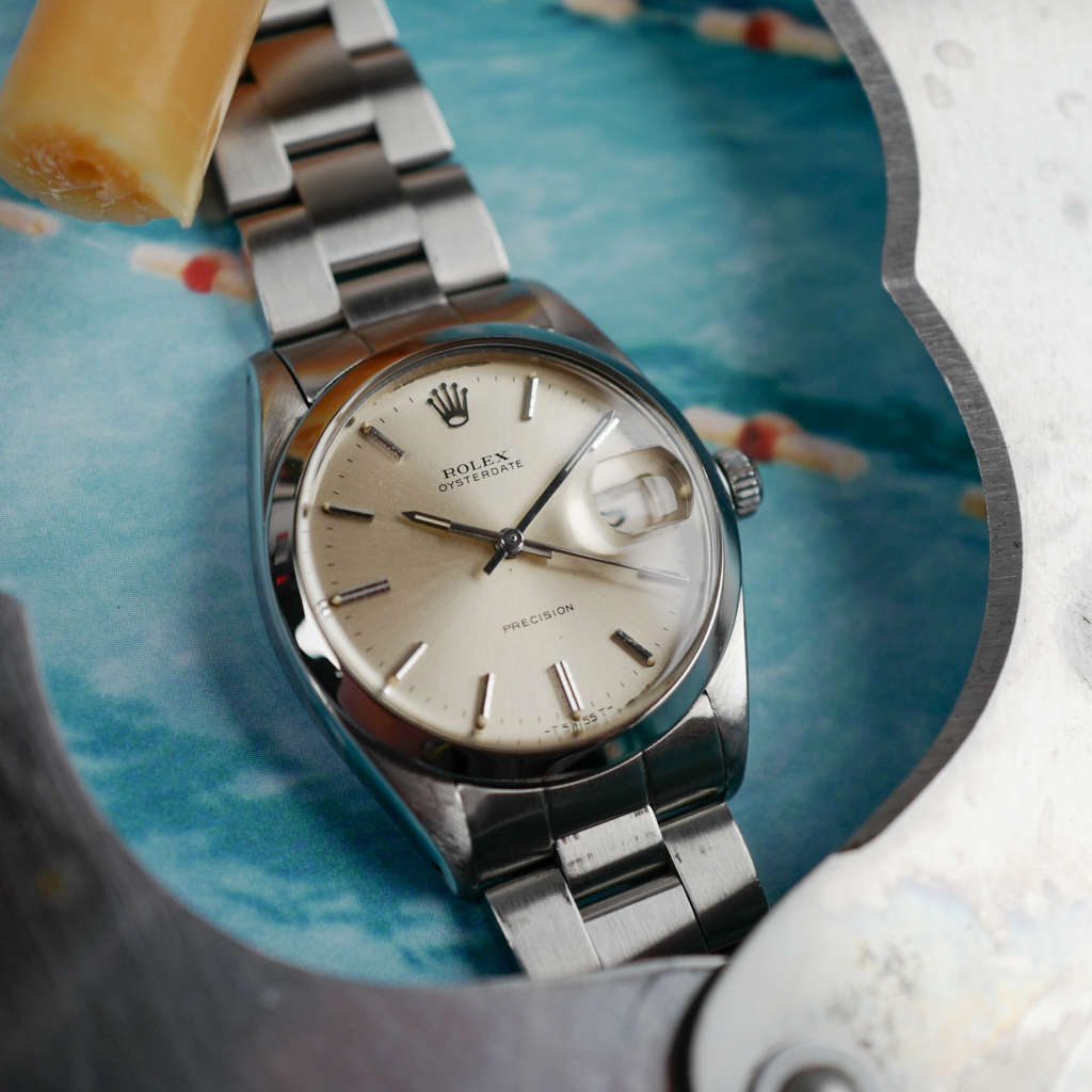 cafe noir les montres vintage horloger marseille rolex Oysterdate Précision ref 6694 cadran gold jaune dore vintage montre acier vintage manuelle 1966