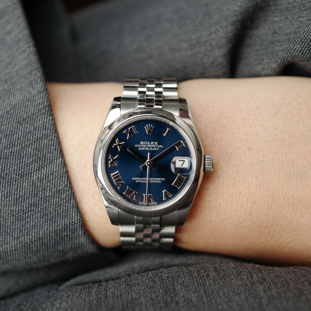 cafe noir les montres vintage horloger marseille rolex oyster perpetual datejust 31 ref 178240 cadran bleu sur jubilee et chiffres romains