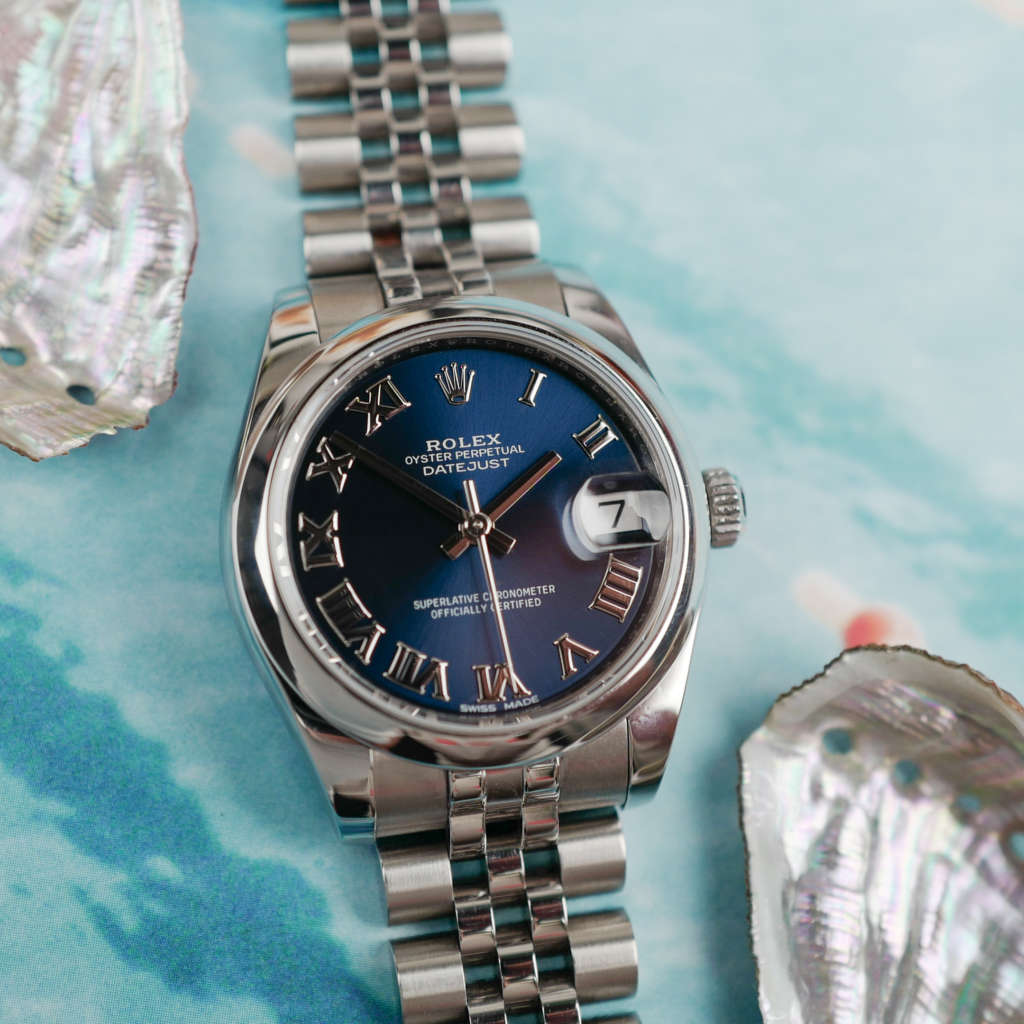 cafe noir les montres vintage horloger marseille rolex oyster perpetual datejust 31 ref 178240 cadran bleu sur jubilee et chiffres romains