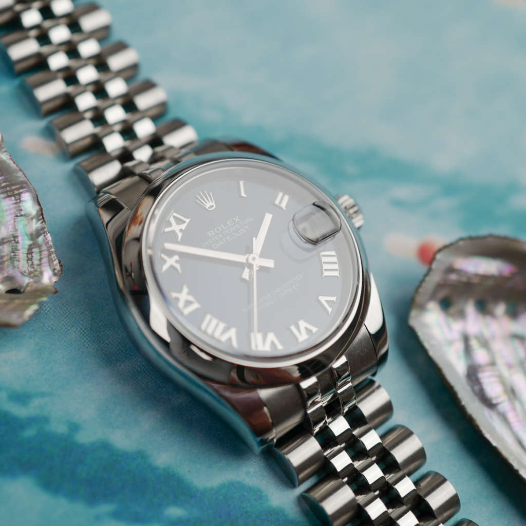 cafe noir les montres vintage horloger marseille rolex oyster perpetual datejust 31 ref 178240 cadran bleu sur jubilee et chiffres romains