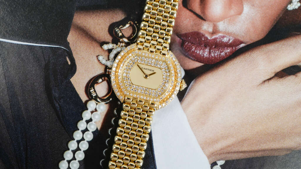 Café Noir Les Montres Marseille Cartier Ellipse femme réf. 67081 bracelet en maille en or jaune 18 carats diamants bracelet serpent commande spéciale vintage 1990