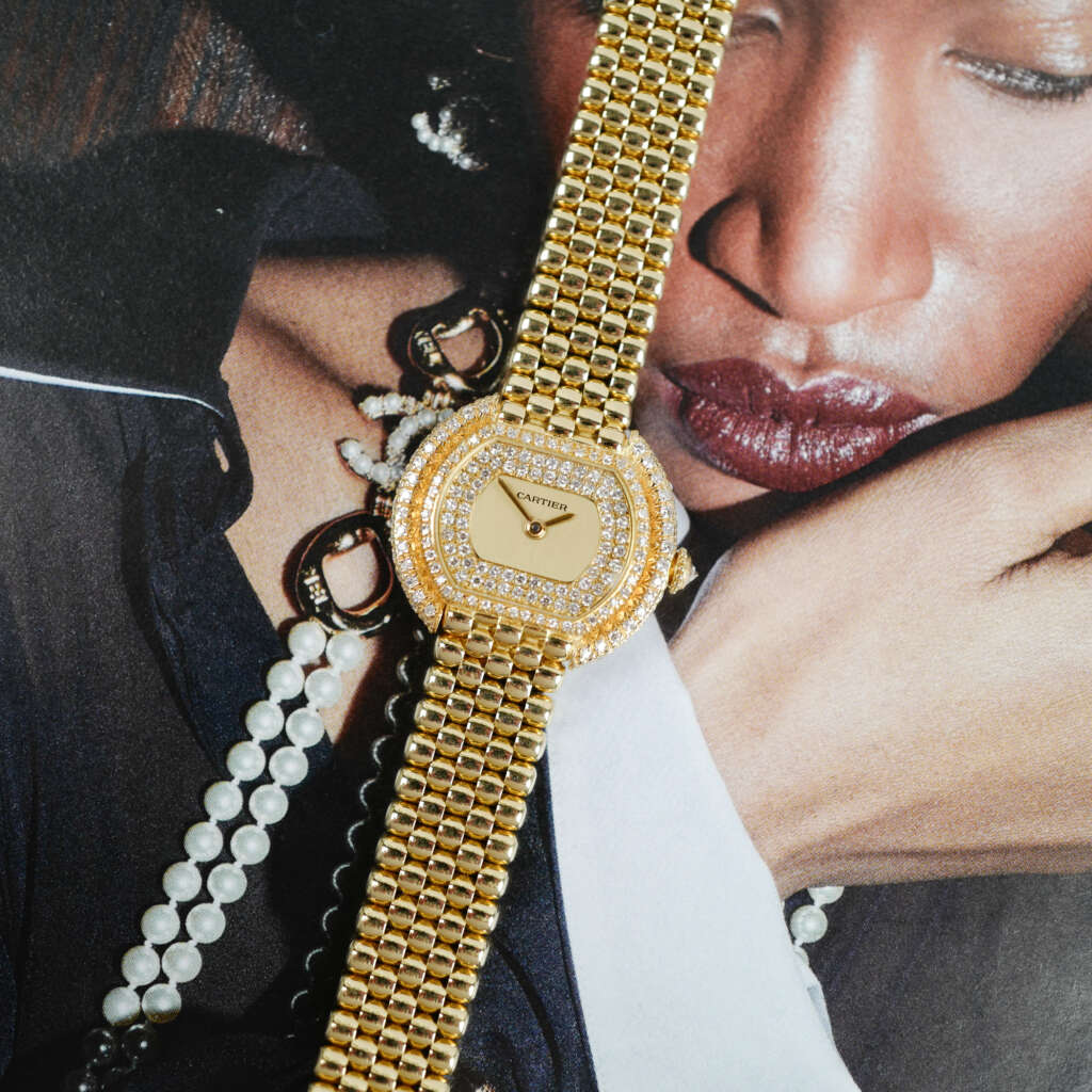 Café Noir Les Montres Marseille Cartier Ellipse femme réf. 67081 bracelet en maille en or jaune 18 carats diamants bracelet serpent commande spéciale vintage 1990