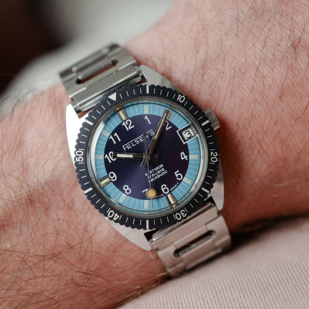 cafe noir les montres vintage horloger marseille felser montre skin diver vintage plongeuse mecanique manuelle cadran bleu tiffany tritium