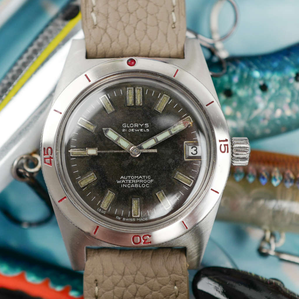 cafe noir les montres vintage horloger marseille glorys skin diver vintage radium inoxydable inox couronne vissée automatique 1,5 UC