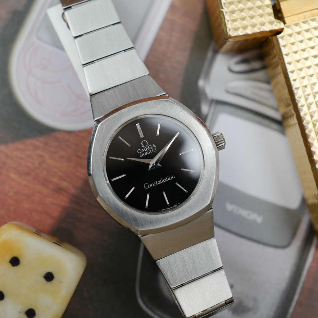 cafe noir les montres vintage omega constellation femme or acier 595 0001 795 0800 cadran noir bicolor 28 mm mini 1977