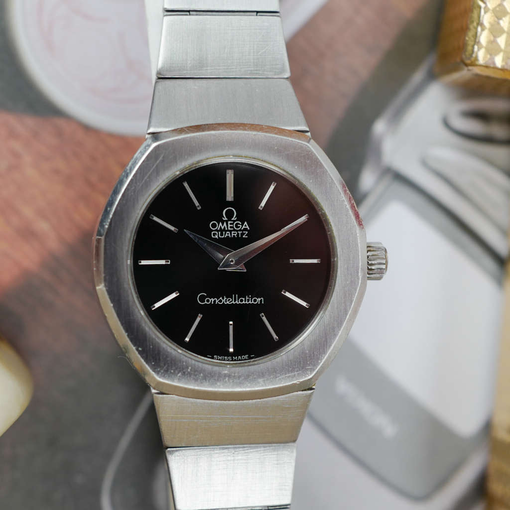 cafe noir les montres vintage omega constellation femme or acier 595 0001 795 0800 cadran noir bicolor 28 mm mini 1977