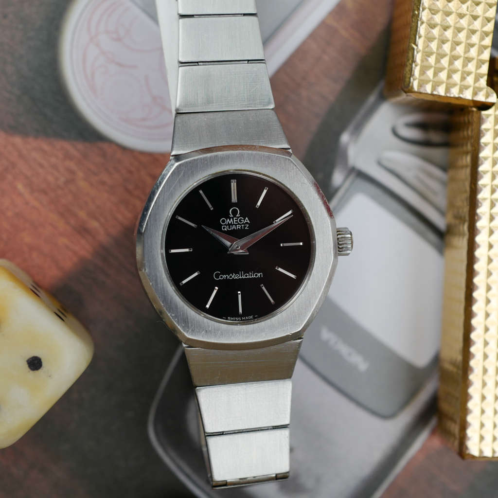 cafe noir les montres vintage omega constellation femme or acier 595 0001 795 0800 cadran noir bicolor 28 mm mini 1977