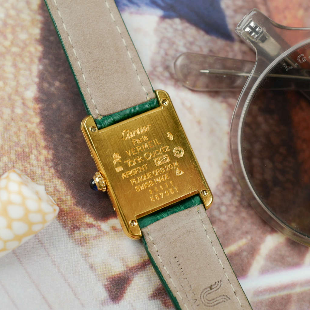 cafe noir montres horloger marseille cartier tank must mécanique pour femme vermeil petit modèle or chiffres romains bracelet vert