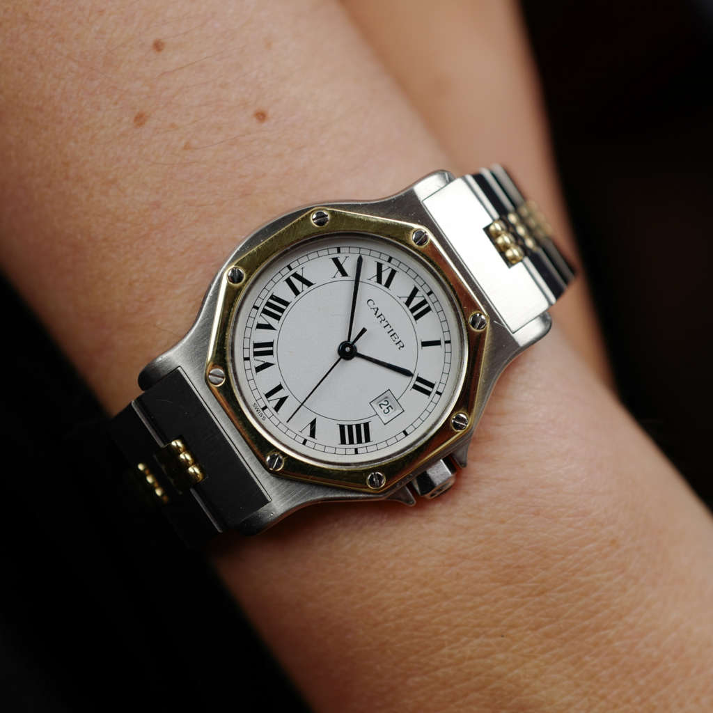 cartier-santos-octogonale-gordon-or-acier-grand-modele-ref-2966-vintage-1990