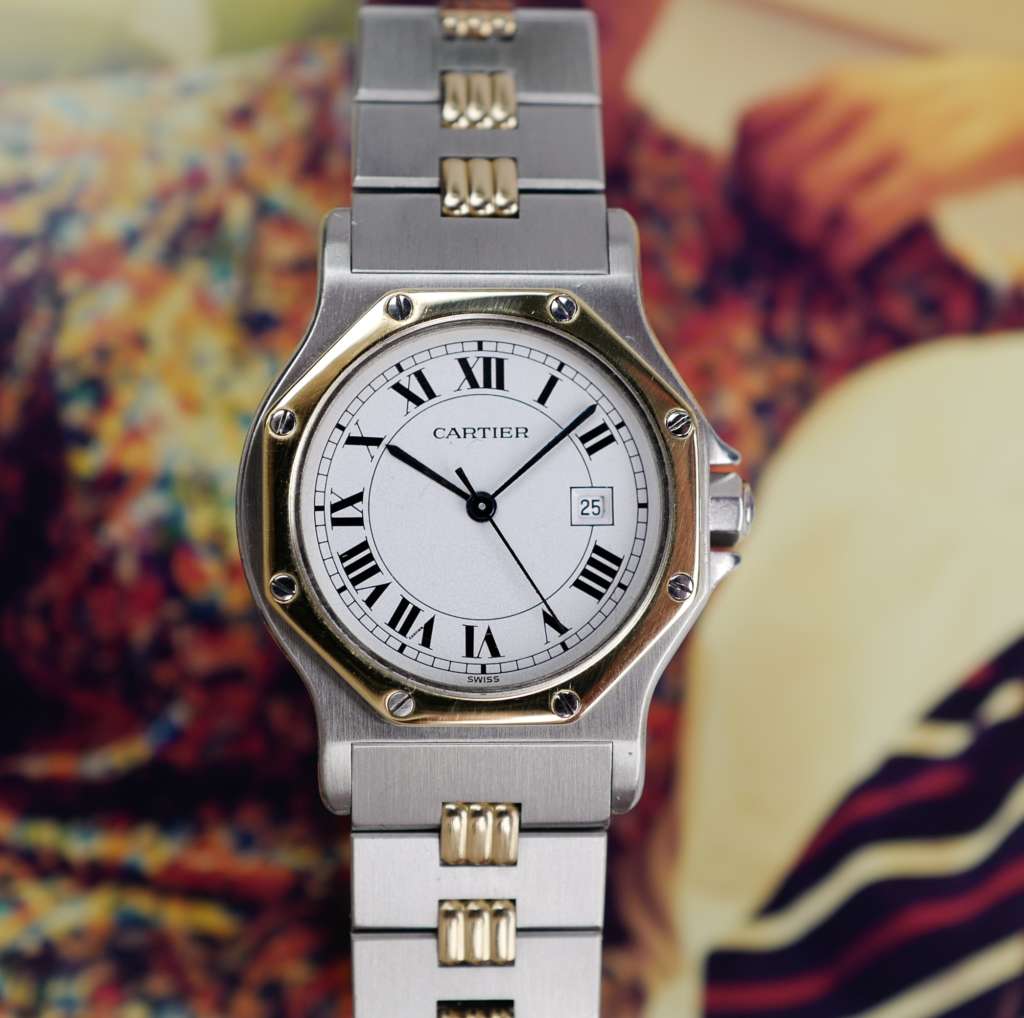 cartier-santos-octogonale-gordon-or-acier-grand-modele-ref-2966-vintage-1990