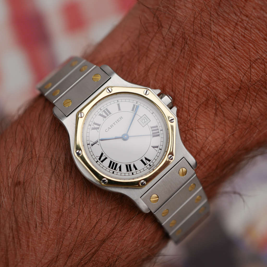 cafe noir montres horloger marseille boite papiers service full set Cartier Santos octogonale GM or et acier réf 2966 bicolore vintage 1990