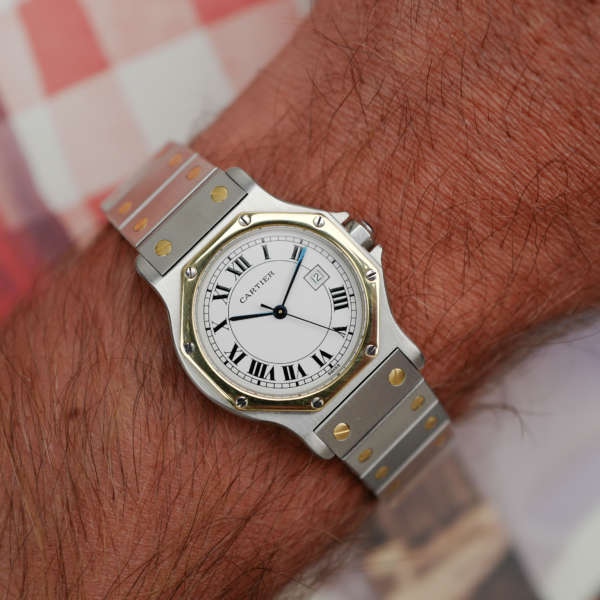cafe noir montres horloger marseille boite papiers service full set Cartier Santos octogonale GM or et acier réf 2966 bicolore vintage 1990