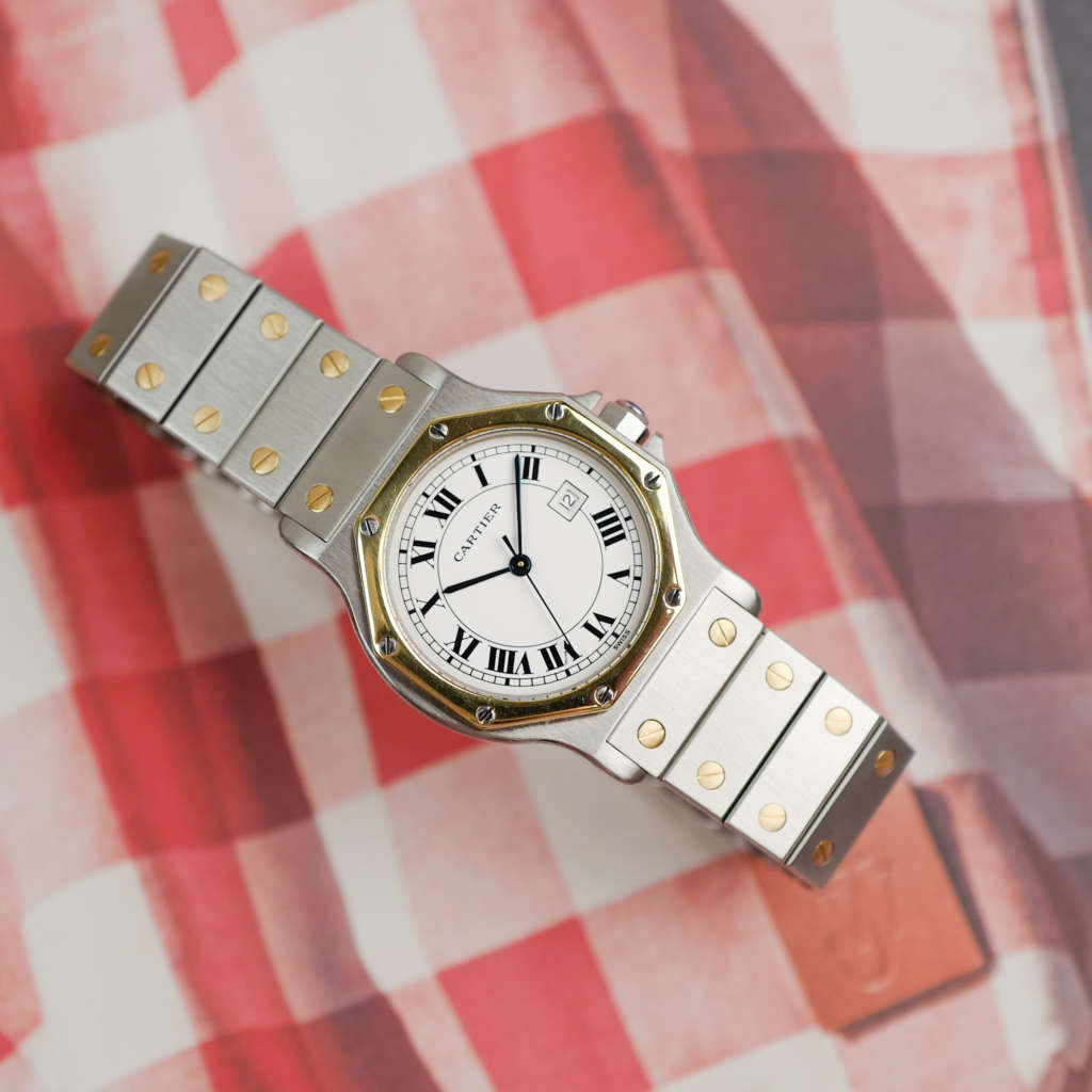 cafe noir montres horloger marseille boite papiers service full set Cartier Santos octogonale GM or et acier réf 2966 bicolore vintage 1990
