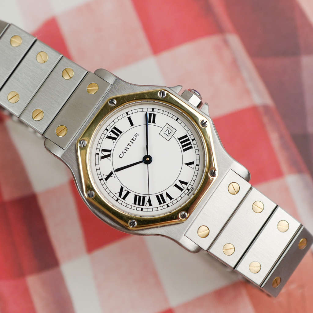 cafe noir montres horloger marseille boite papiers service full set Cartier Santos octogonale GM or et acier réf 2966 bicolore vintage 1990